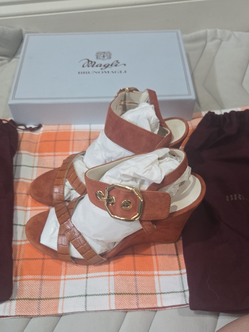 Bruno Magli Tan Brown Suede Wedge Sandals with Gold Buckle